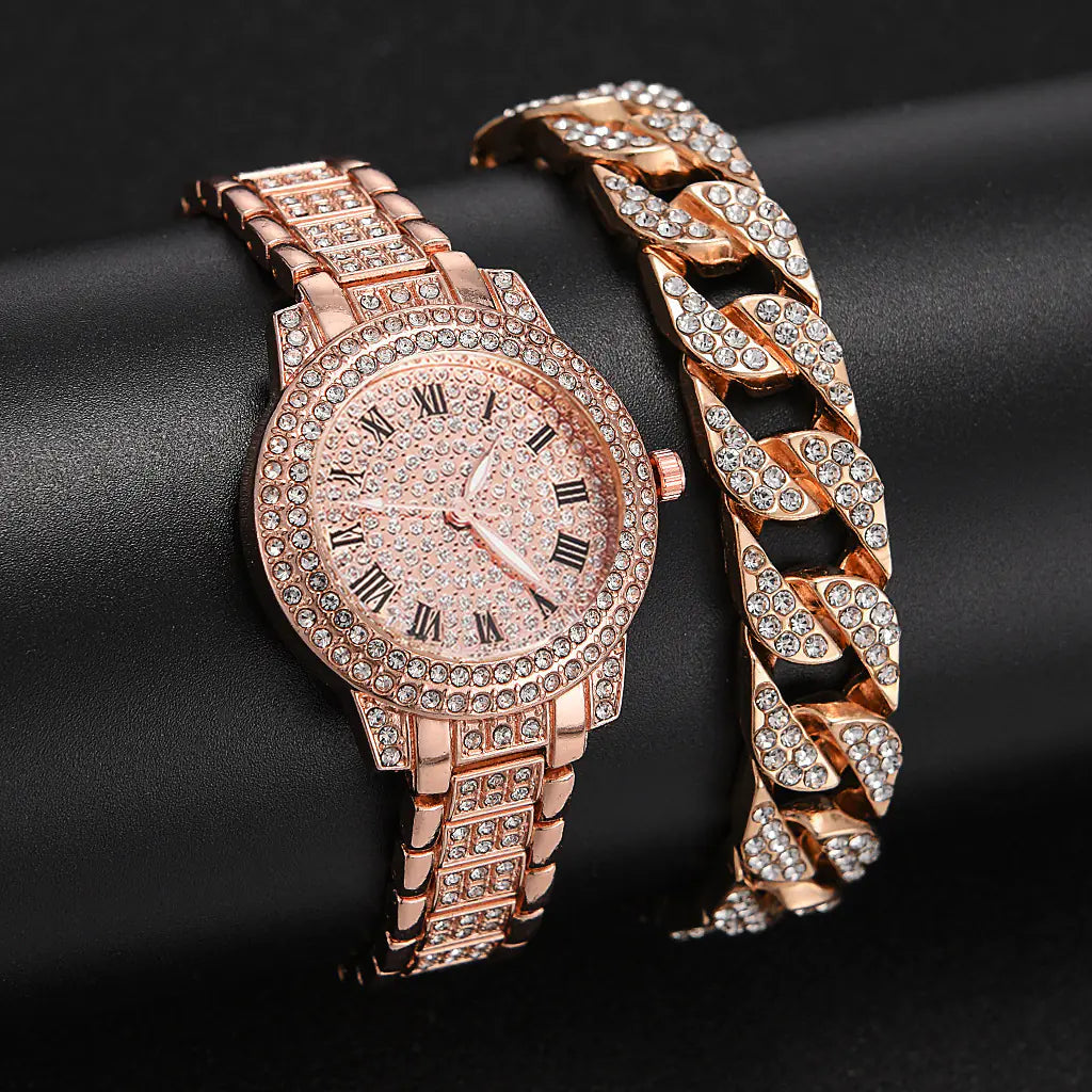 Luxury Roman Numeral Diamond Cuban Link Bracelet with Watch