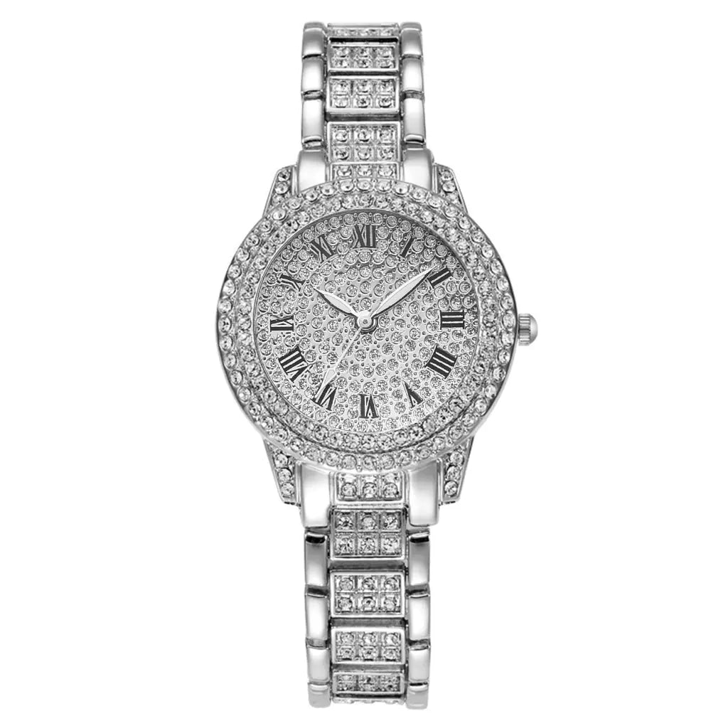 Luxury Roman Numeral Diamond Cuban Link Bracelet with Watch